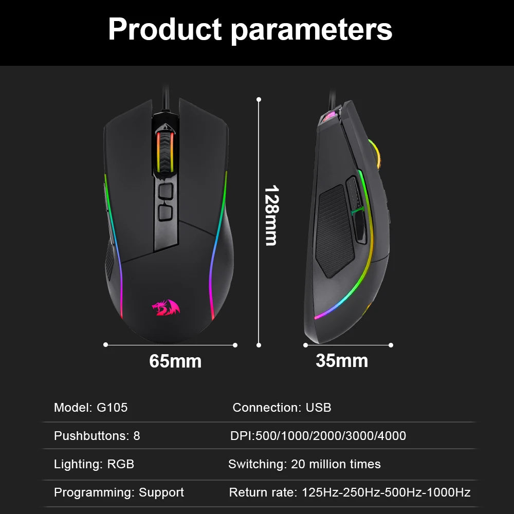 Redragon Lonewolf G105 RGB USB Wired Gaming Mouse – 8,000 DPI, 8 Programmable Buttons, Ergonomic Design for PC & Laptop Gamers