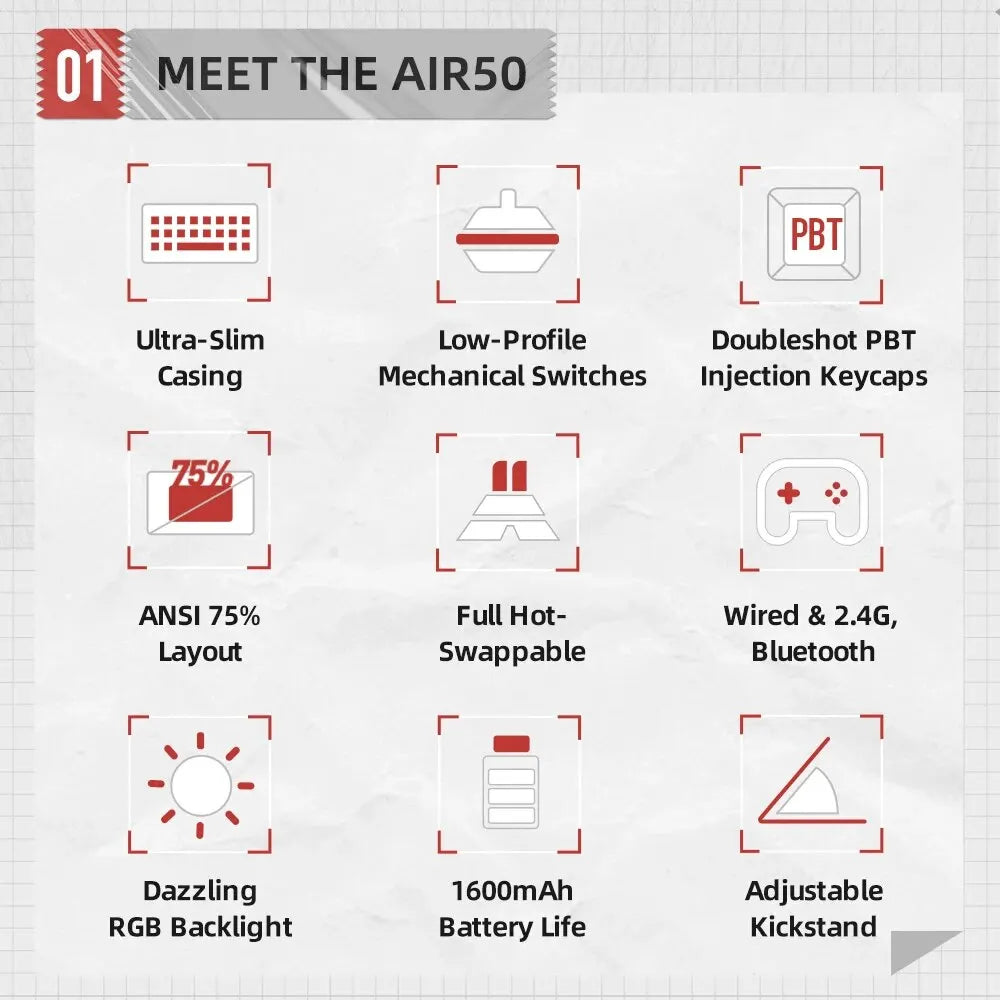 MACHENIKE AIR50 Low-Profile Mechanical Keyboard – 75% Layout, Hot-Swap, RGB Backlit, Tri-Mode, Productivity Keyboard for Laptop & PC