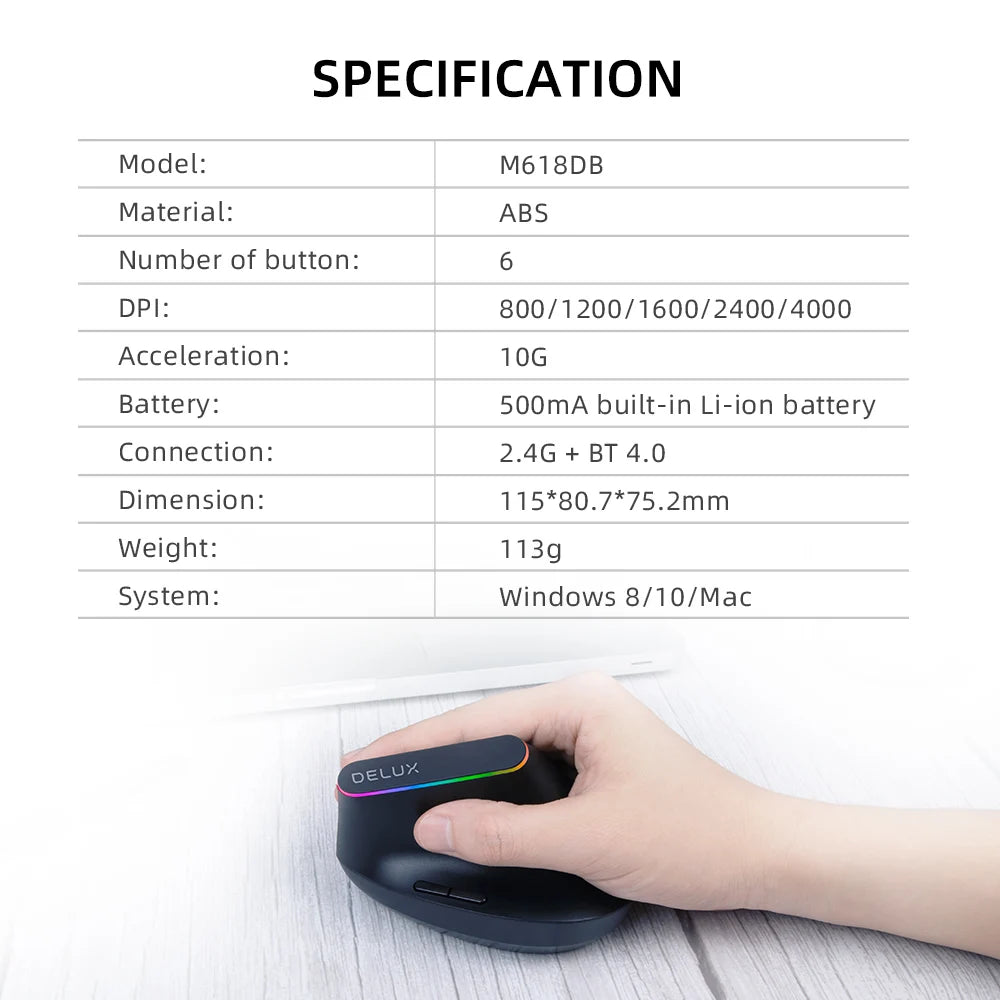 Delux Ergonomic Vertical Wireless Mouse – Rechargeable, RGB, Bluetooth & 2.4G, 4,000 DPI, Silent Clicks, for Laptop & PC