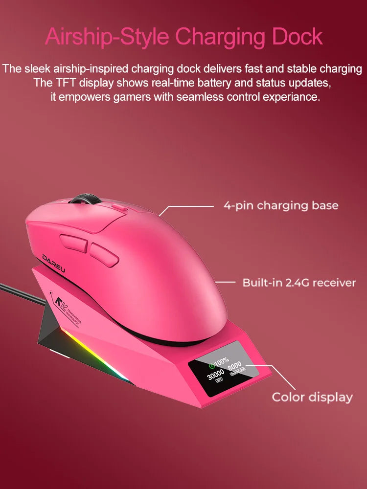 DAREU Wireless Gaming Mouse – 8KHz Polling Rate, AIM-750 (PAW3950) Sensor, 30,000 DPI, Tri-Mode Connection, 60g Lightweight, with Charging Base