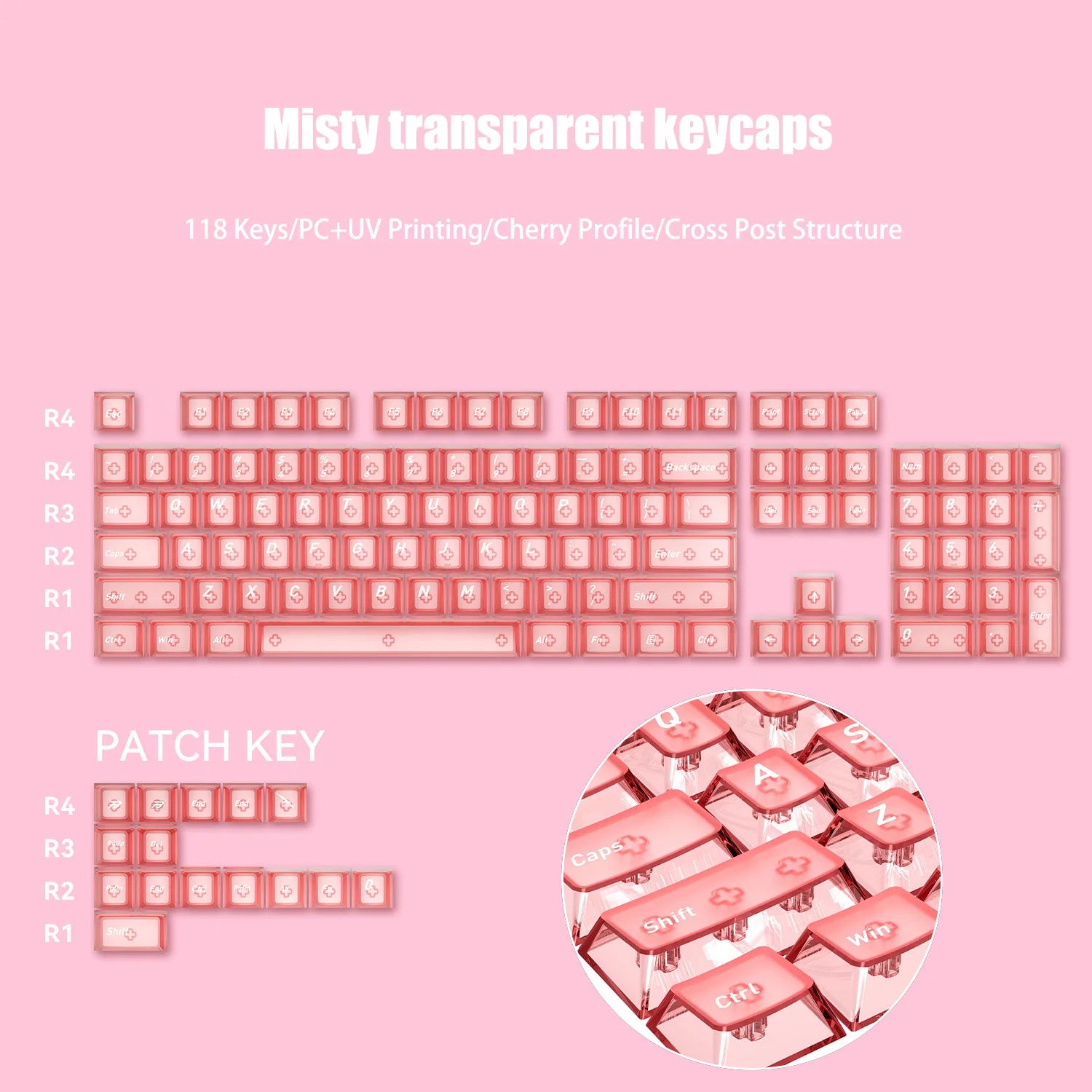 132 Keys Korean Layout Keycaps – Cherry Profile, White Transparent PC Keycaps, UV Printing Crystal Keycaps for MX Switches Gaming Keyboard