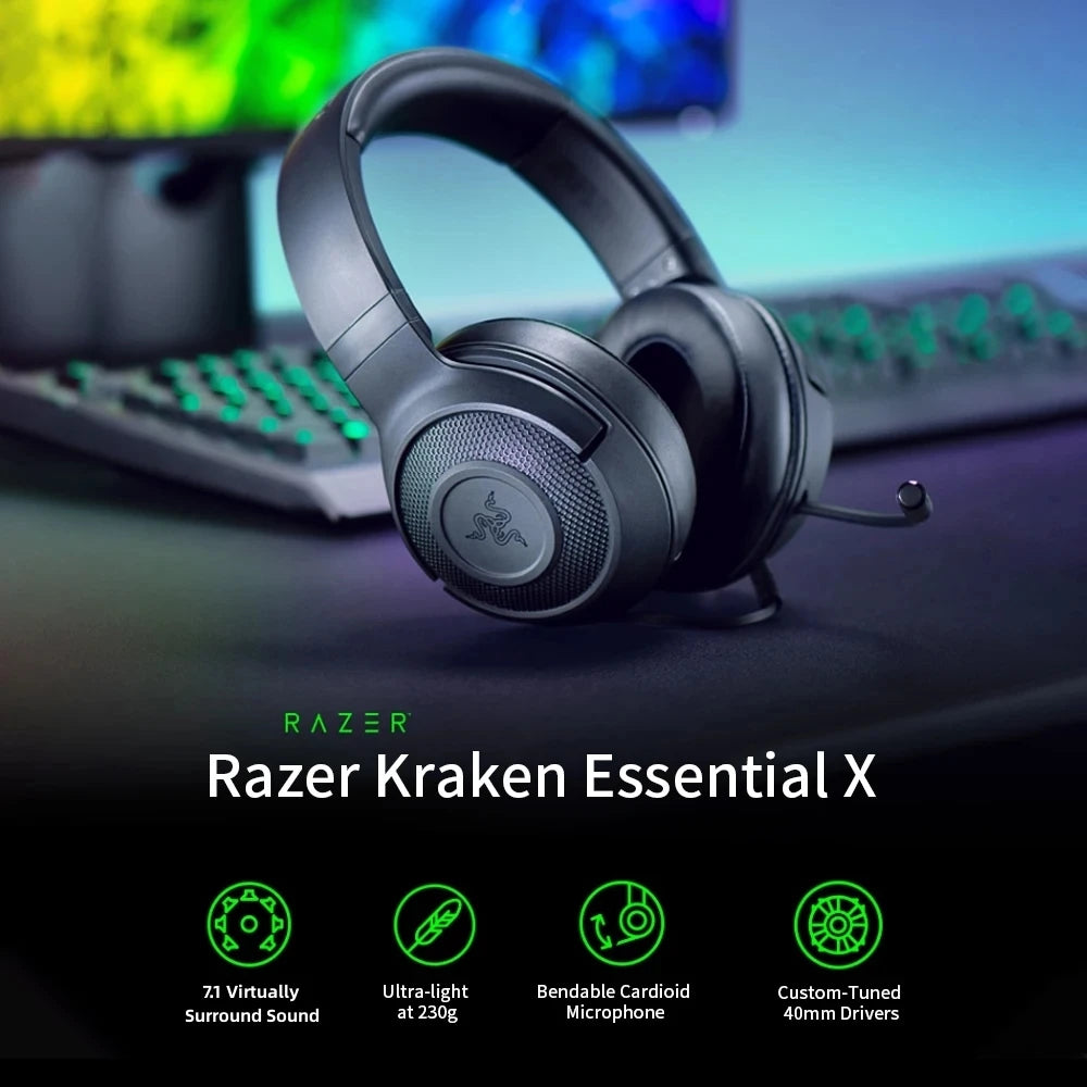 Razer Kraken X Essential Gaming Headset – 7.1 Surround Sound, Cardioid Mic, 40mm Drivers