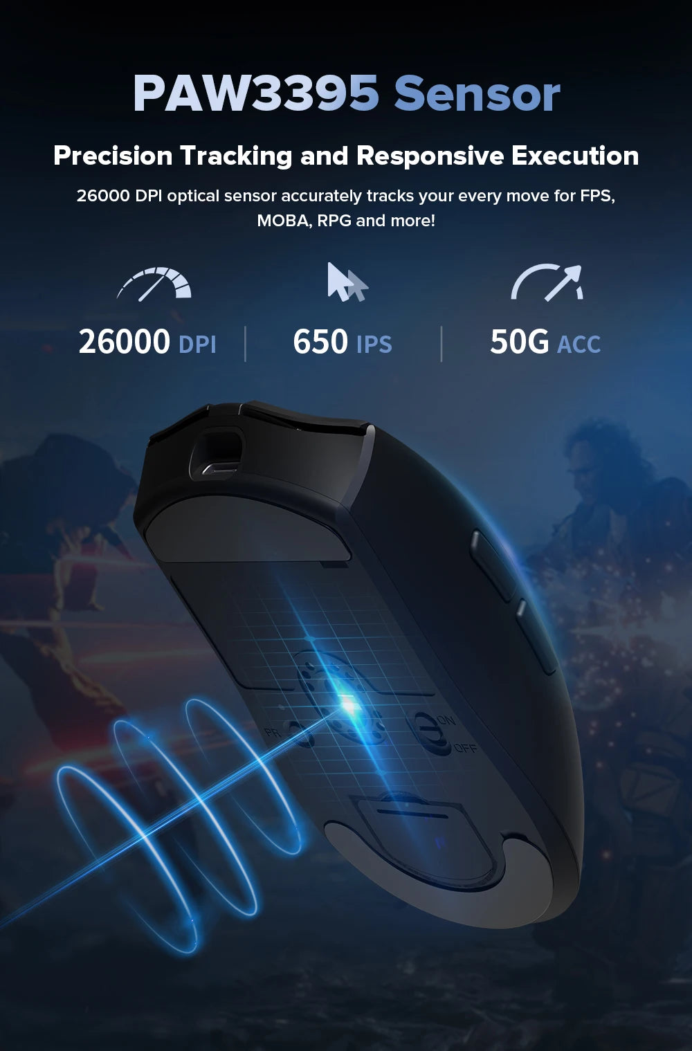 Delux M600 Series Wireless Gaming Mouse – 52g Lightweight, 2.4G Dual-Mode, 26,000 DPI, Macro Support, Rechargeable