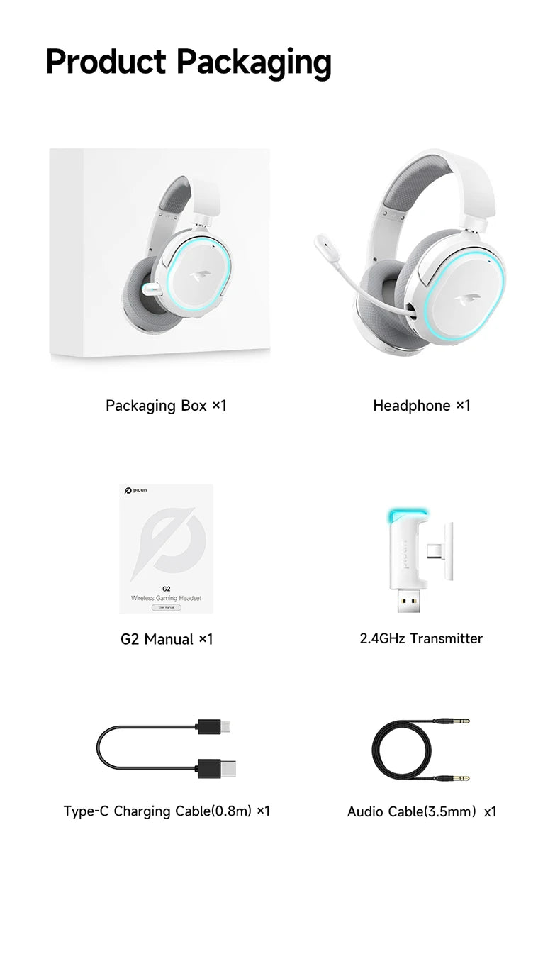 Picun G2 Wireless Gaming Headset – 2.4GHz & Bluetooth, 7.1 Surround, Low Latency, ENC Mic