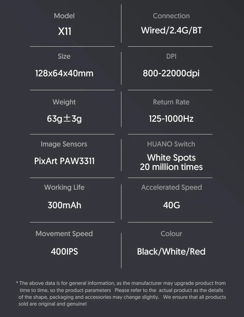 ATTACK SHARK X11 Wireless Gaming Mouse – PAW3311 Sensor, Bluetooth & 2.4G, 400 IPS, RGB, for PC