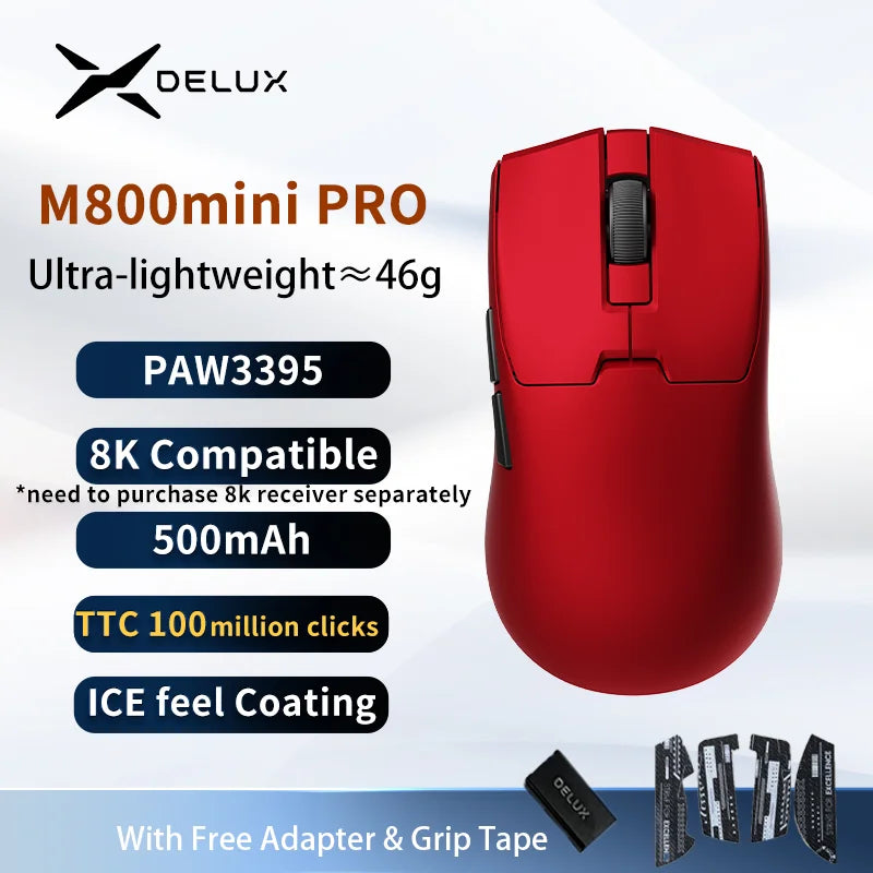 Delux M800 Mini Wireless Gaming Mouse – 46g Ultralight, 2.4G Wireless, RGB, Honeycomb Design, PAW3395/PAW3311, 1KHz Polling, for Small–Medium Hands