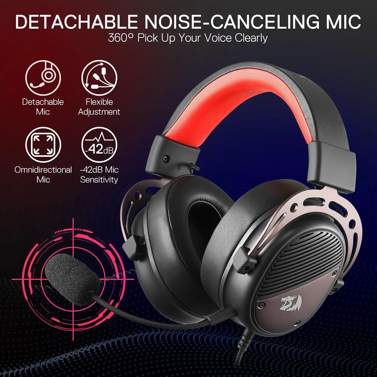 Redragon H730 USB Wired Gaming Headset – 53mm Drivers, 360° Spatial Sound, Detachable Noise-Canceling Mic
