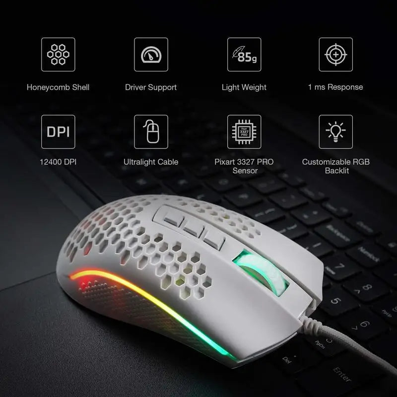 Redragon M808 Storm Lightweight RGB LED USB Gaming Mouse – 12,400 DPI Optical Sensor, 7 Programmable Buttons, Precise Tracking