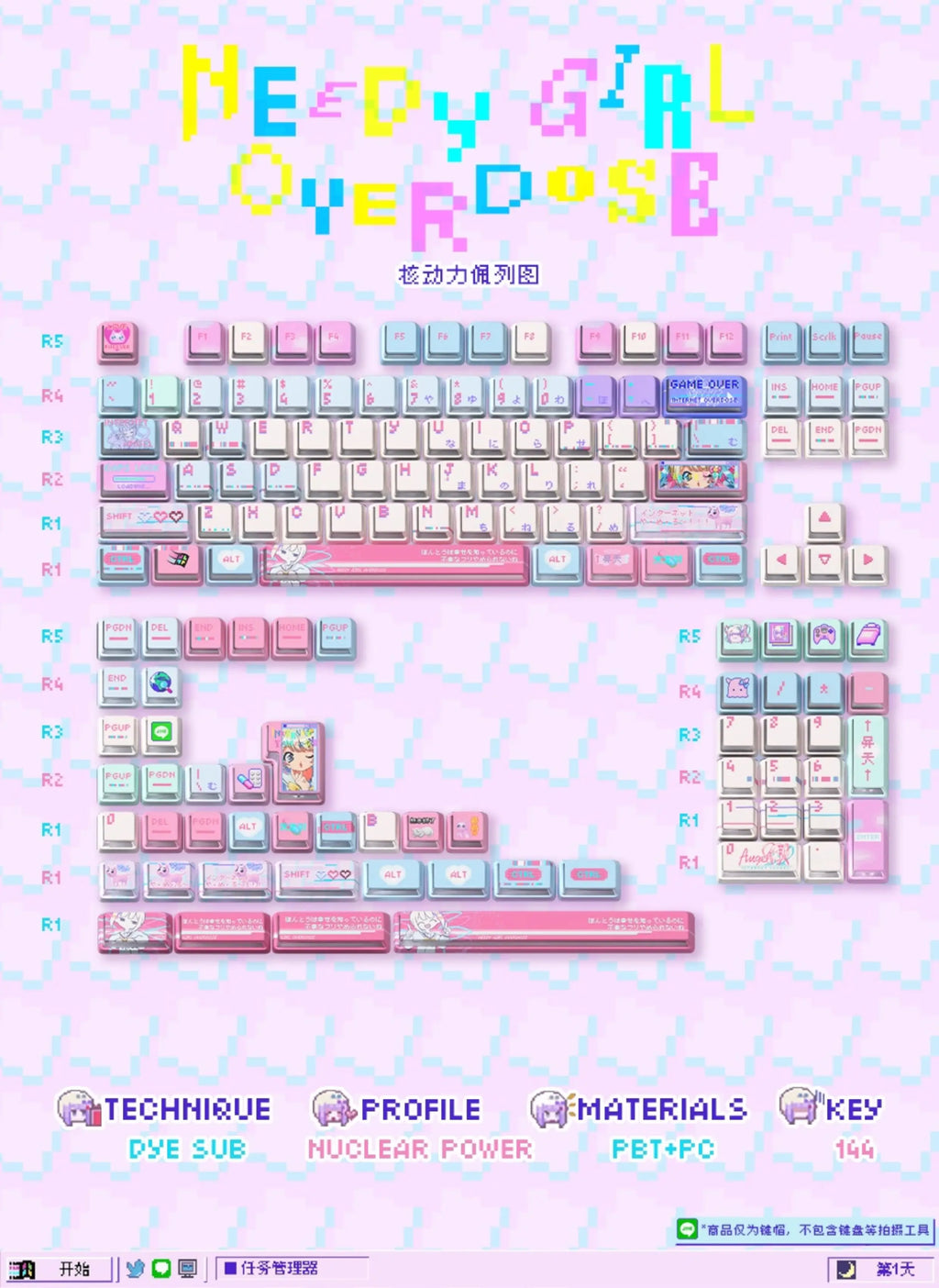 Anime NEEDY Girl Overdose Keycaps – Cute PBT + PC Translucent, Cherry Profile, Custom Keycaps for Mechanical Keyboard Gaming Gifts