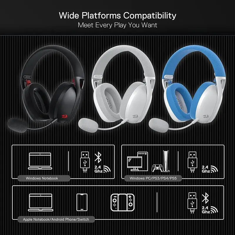 Redragon H848 Wireless Bluetooth Gaming Headset – Lightweight, 7.1 Surround Sound, 40mm Drivers, Detachable Mic