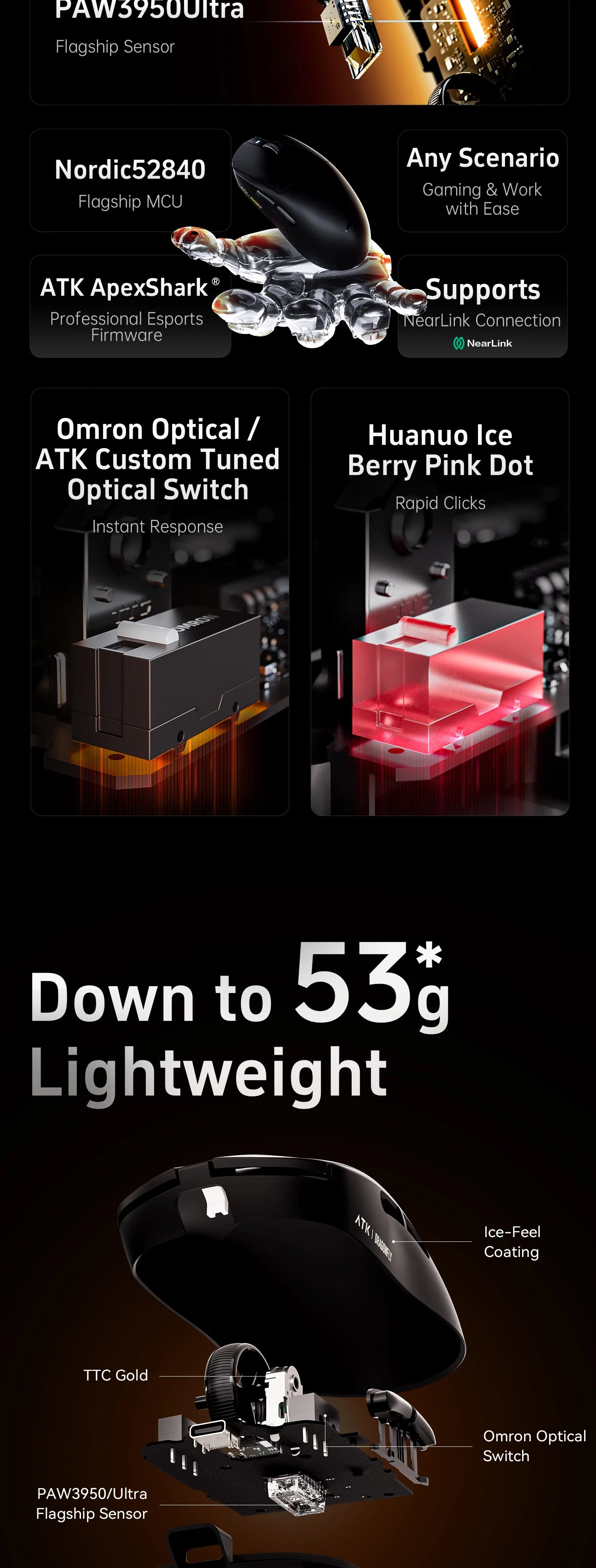 ATK Dragonfly A9 Series Wireless Gaming Mouse – Tri-Mode Connection, PAW3950 Sensor, Nordic 52840 Chip, 8K Polling Rate, 53g Lightweight, for Laptop & PC Gaming