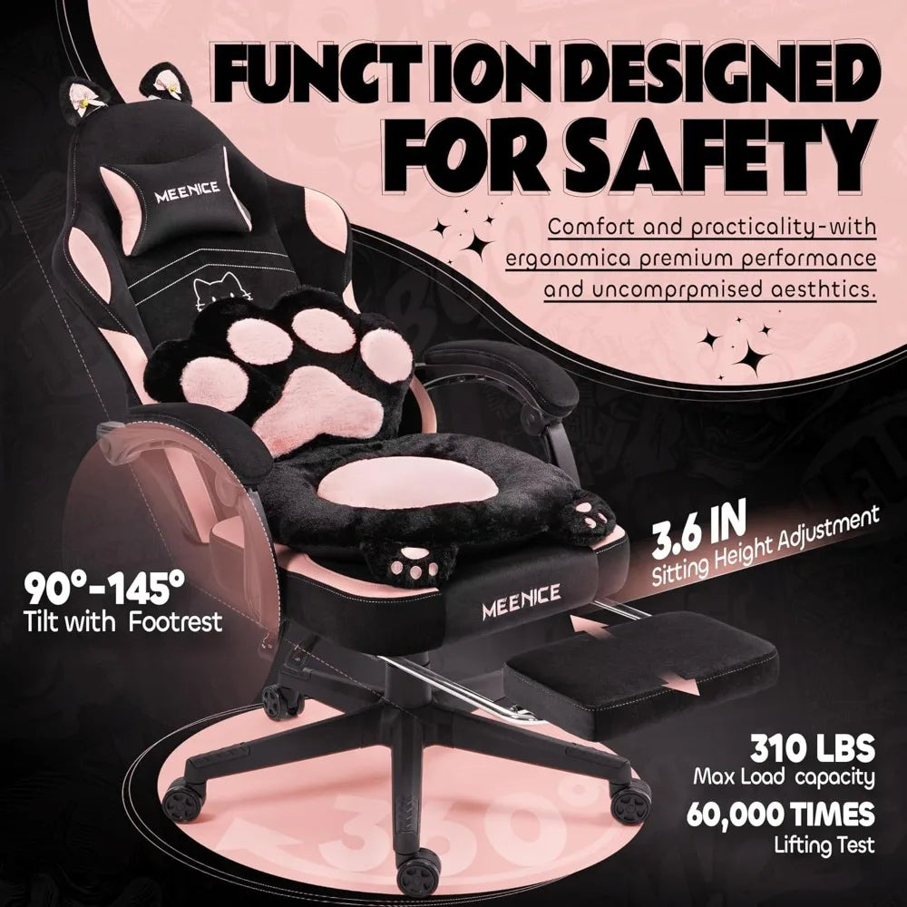 Pink Gaming Chair, Cute Cat Ear Claw Waist Pad, Ergonomic Computer Chair with Footrest, Reclining Computer Gaming Chair
