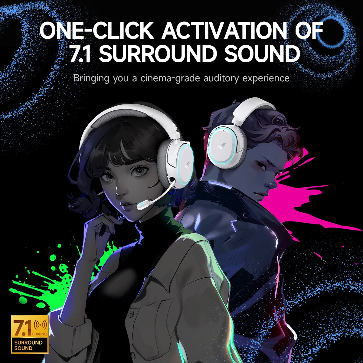 Picun G2 Wireless Gaming Headset – 2.4GHz & Bluetooth, 7.1 Surround, Low Latency, ENC Mic