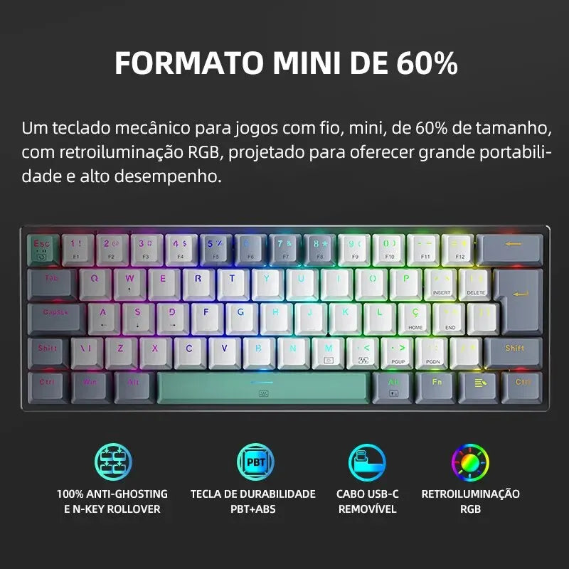 Machenike K500-B61 Mini Mechanical Keyboard – 60%, ABNT2 Layout, RGB Backlight, Hot-Swappable, NKRO, Wired Gaming Keyboard