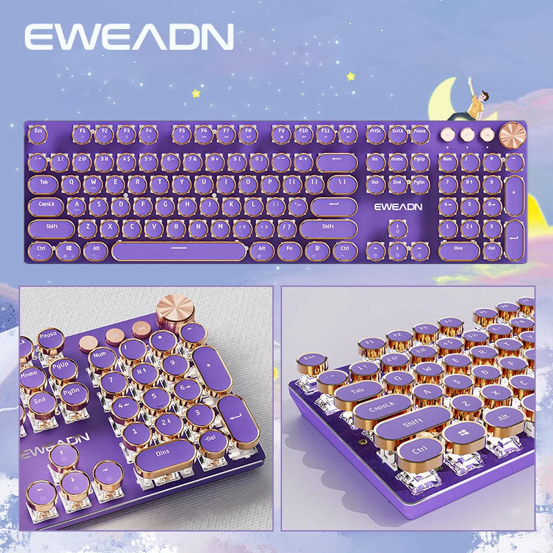 EWEADN V20 Punk Typewriter Mechanical Gaming Keyboard – 104 Keys, Round Keycaps, LED White Backlight, Key-Wire Separation Design