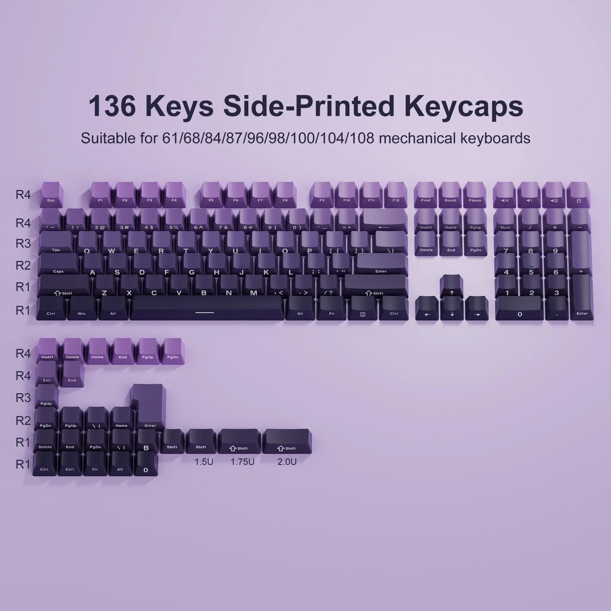 136 Keys Side-Printed PBT Keycaps – Gradient Purple, Double-Shot Shine-Through, OEM Profile, for Gateron MX Switches