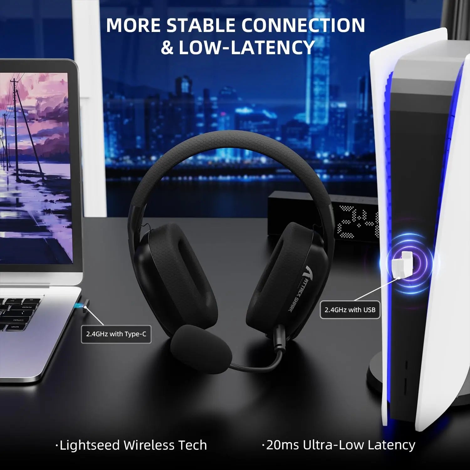 ATTACK SHARK L80 Wireless Gaming Headset – Dual Mics, 20ms Low Latency, 40mm Drivers