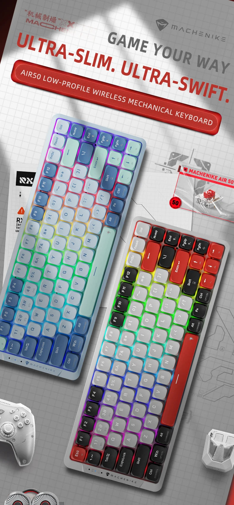 MACHENIKE AIR50 Low-Profile Mechanical Keyboard – 75% Layout, Hot-Swap, RGB Backlit, Tri-Mode, Productivity Keyboard for Laptop & PC