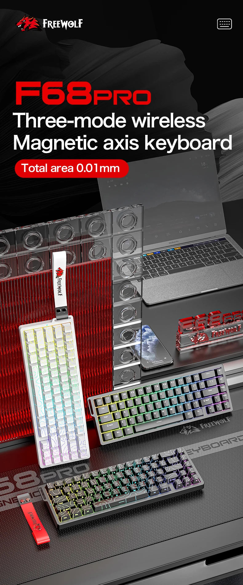 Magnetic Switch Gaming Keyboard – Attack Shark X68HE / FreeWolf F68 / F68 Pro, 8K Wired / 1K Wireless, RGB, Rapid Trigger, Hall Effect