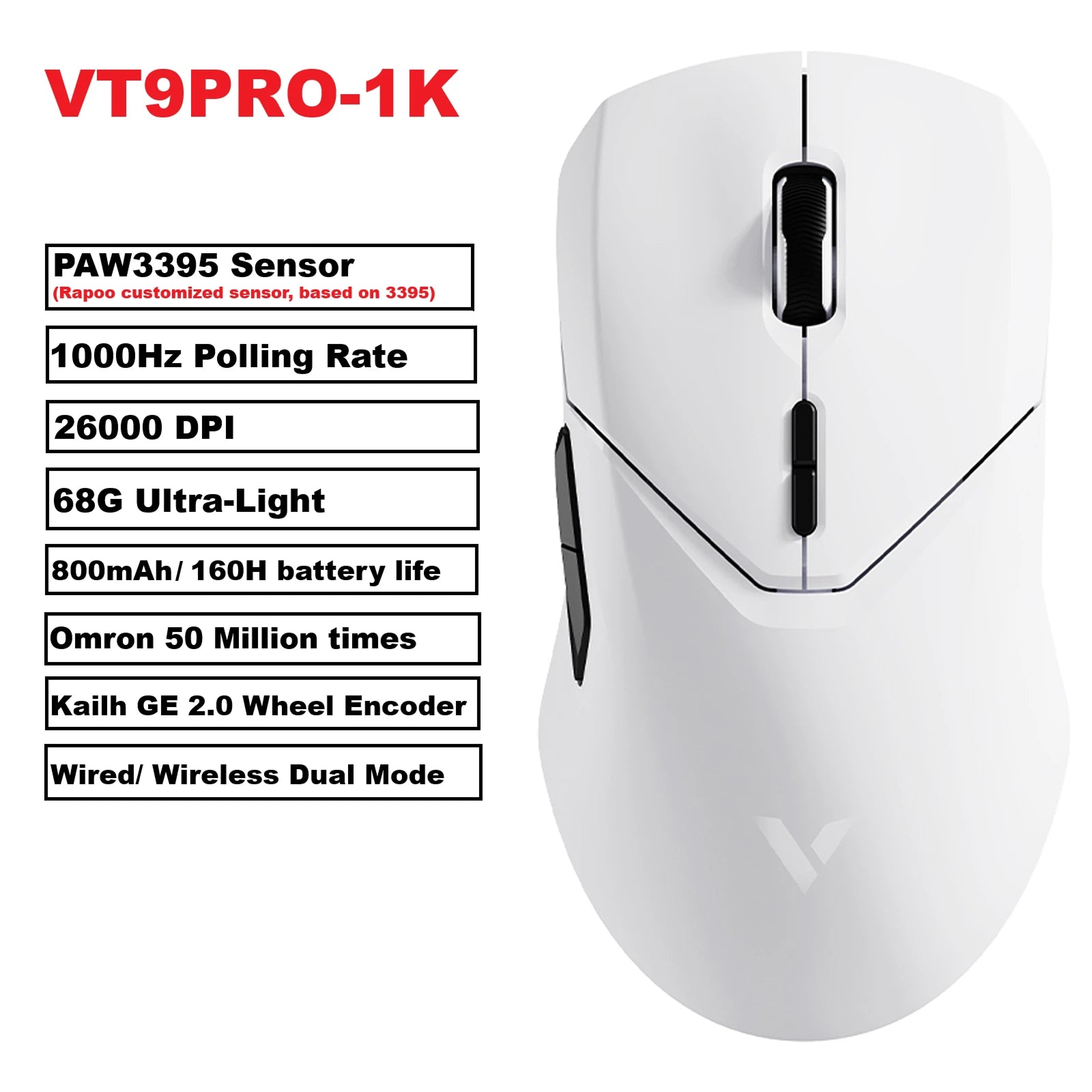 Rapoo VT9 PRO Wireless Gaming Mouse – PAW3398 Sensor, 26,000 DPI, 68g Lightweight, Wired & Wireless, 160H Long Battery Life