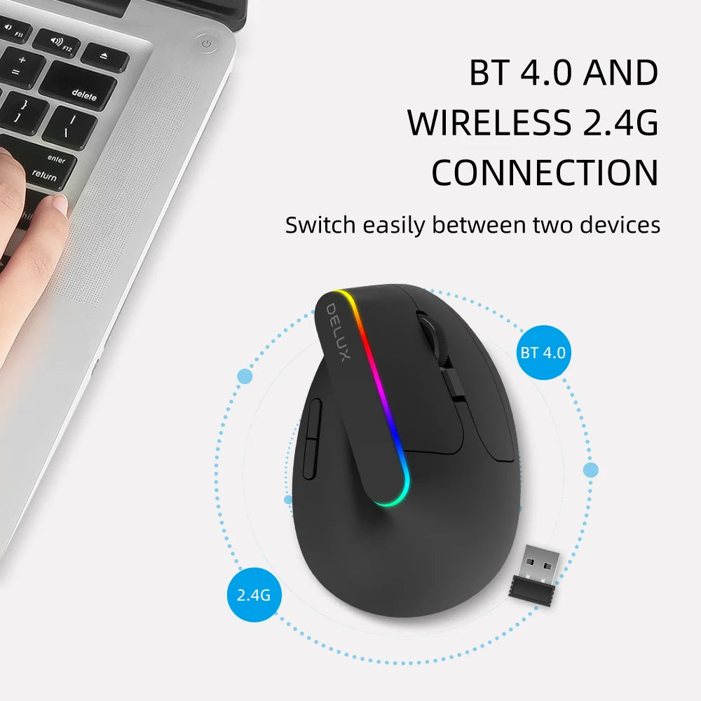 Delux Ergonomic Vertical Wireless Mouse – Rechargeable, RGB, Bluetooth & 2.4G, 4,000 DPI, Silent Clicks, for Laptop & PC