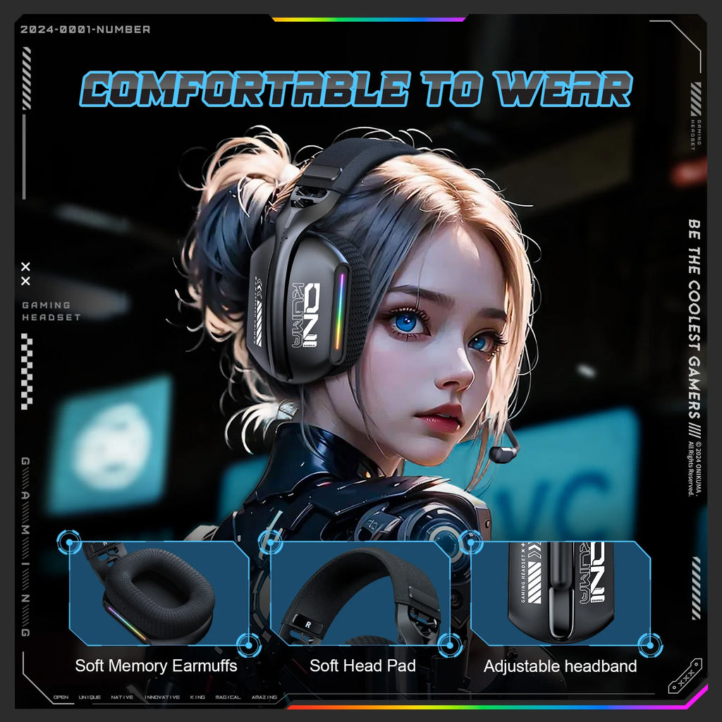 ONIKUMA Wireless Gaming Headset – 2.4G / Bluetooth / Wired, Bendable HD Mic, Soft Ear Pads
