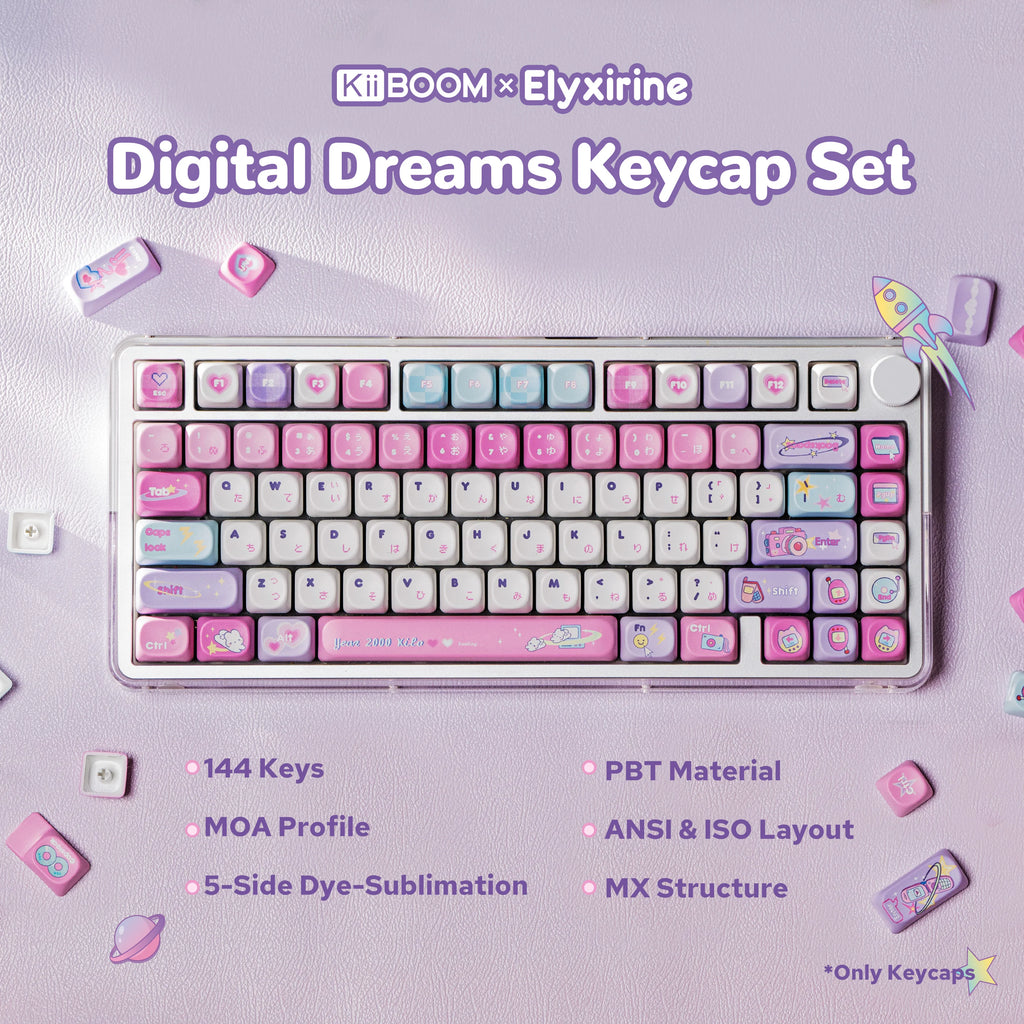 KiiBOOM × Elyxirine Digital Dreams (Pastel Y2K) Keycap Set – 144 Keys, MOA / Cherry Profile, for 60% / 65% / 75% / TKL / Full-Size Keyboards
