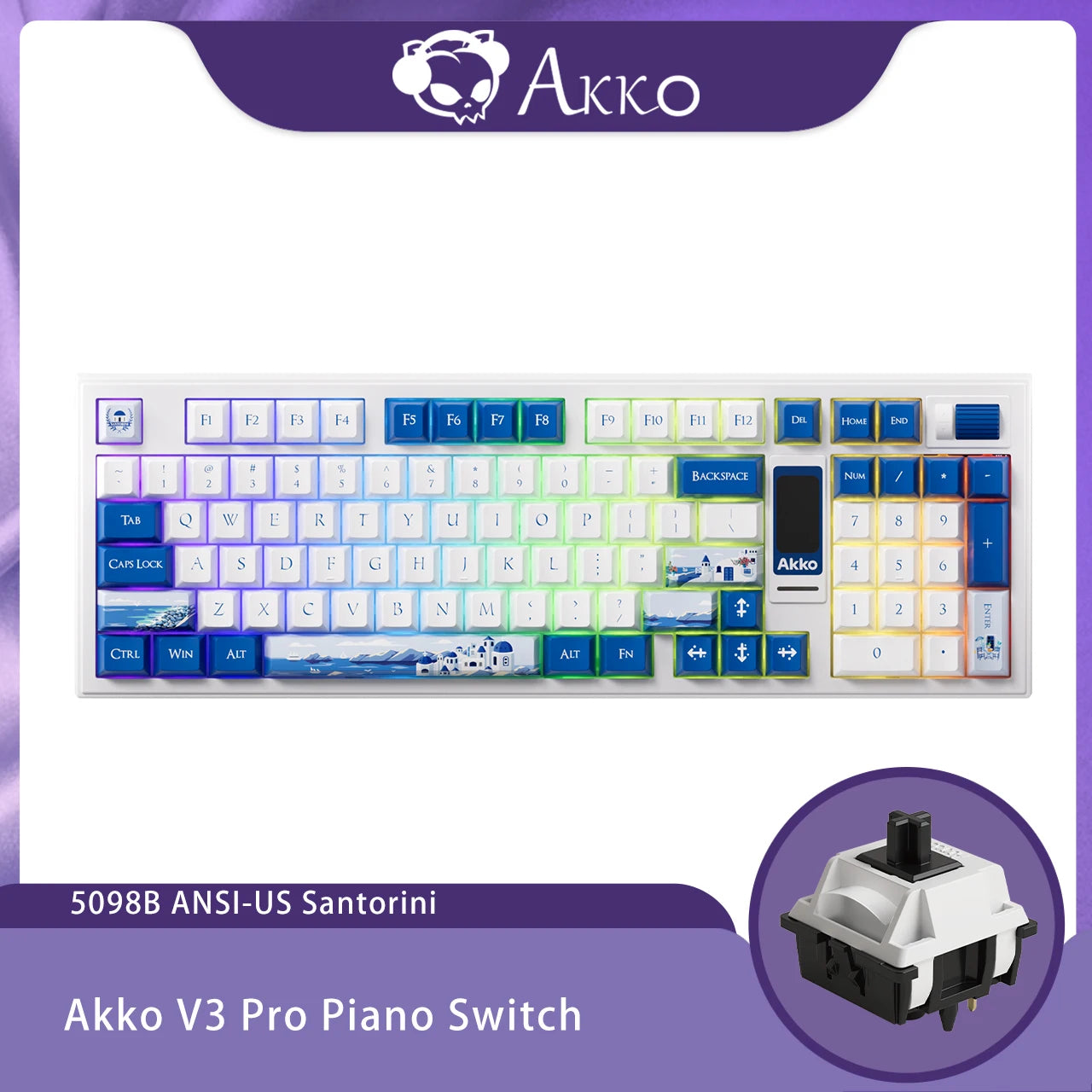 Akko 5098B Santorini Mechanical Keyboard – 96 Keys, Wireless, TFT Screen & Vertical Knob, Hot-Swappable, RGB Backlit, Gasket Mount