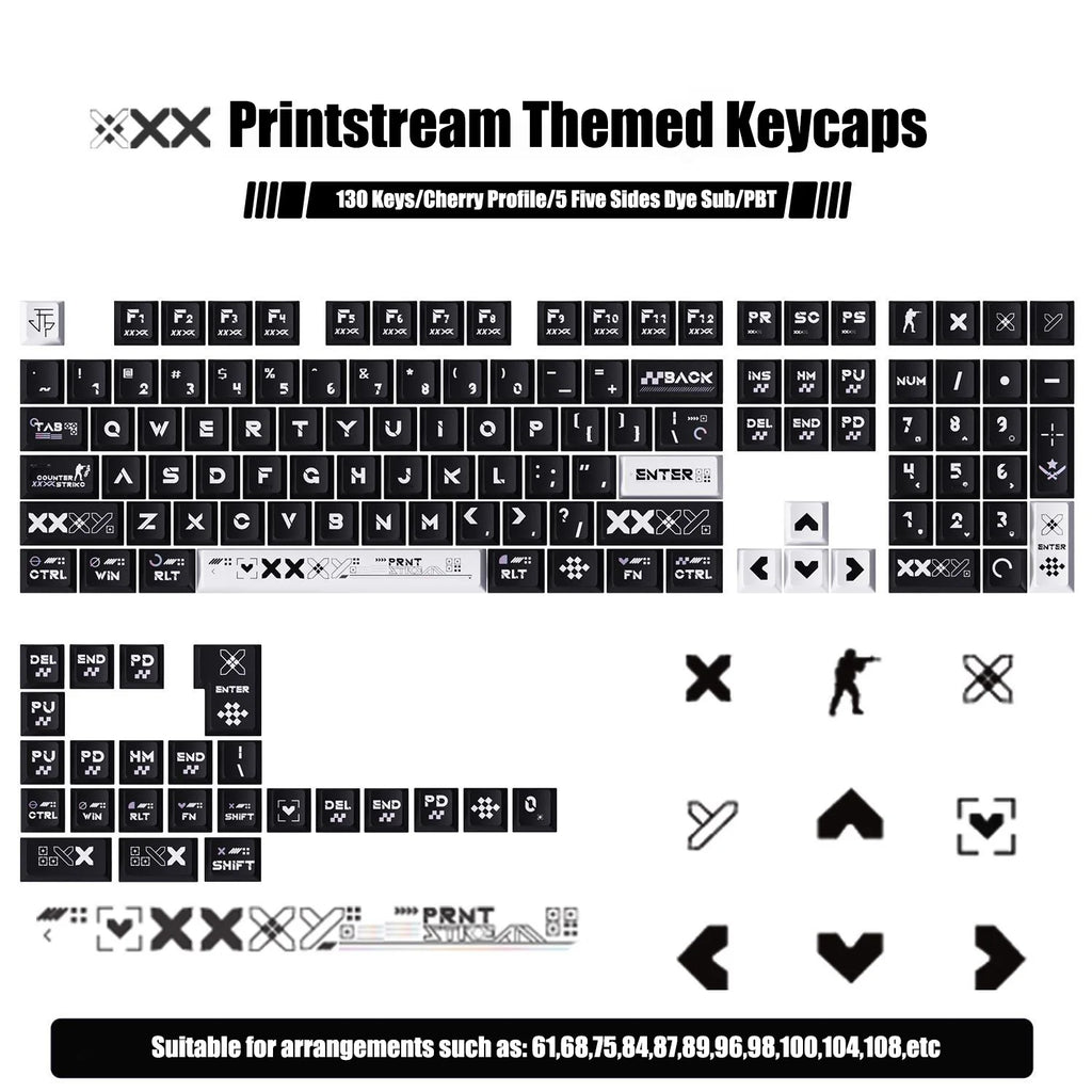 130 Keys Printstream PBT Keycaps – Cherry Profile, 5-Side Dye-Sublimation, for Gateron MX Switches Mechanical Gaming Keyboard
