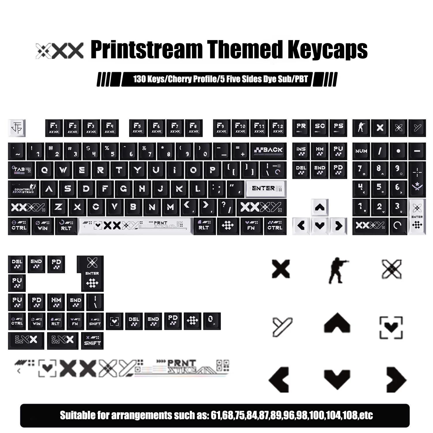 130 Keys Printstream PBT Keycaps – Cherry Profile, 5-Side Dye-Sublimation, for Gateron MX Switches Mechanical Gaming Keyboard