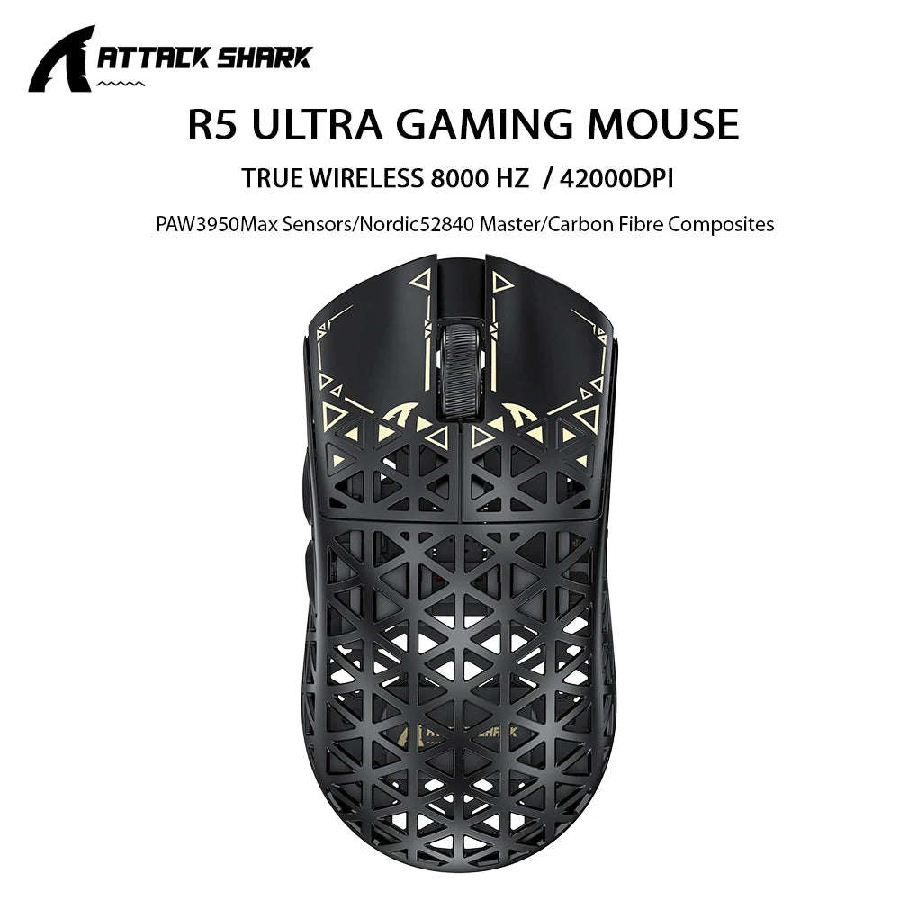ATTACK SHARK R5 ULTRA Wireless Gaming Mouse – 8K Polling Rate, PAW3950MAX Sensor, 42,000 DPI, Carbon Fiber Ultra-Light, Pro Esports Edition