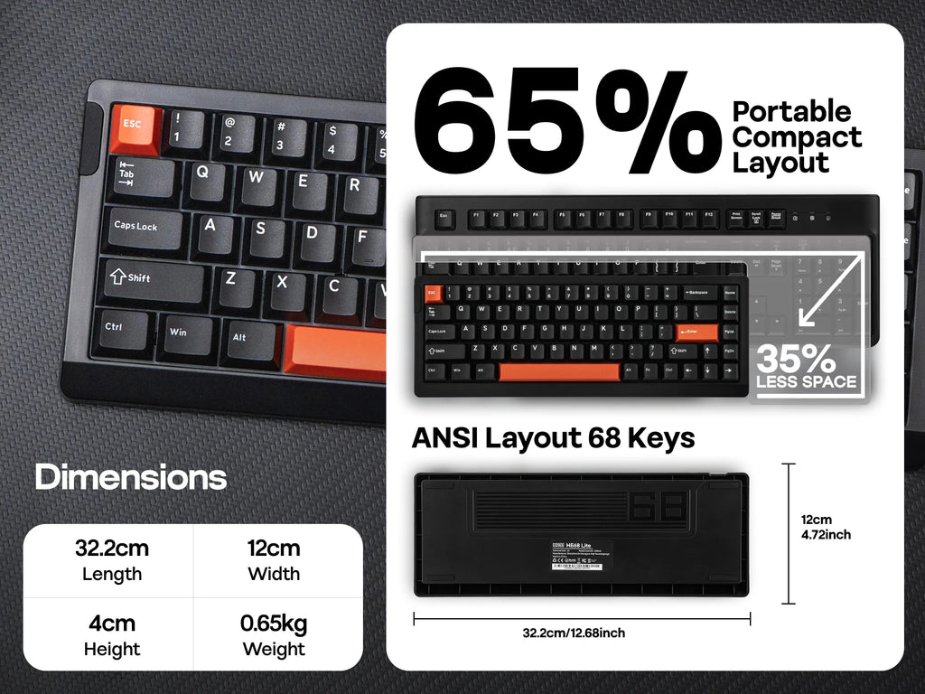 EPOMAKER HE68 Lite Mechanical Keyboard – 65% ANSI US Layout, Tray-Mounted, Wired Hall Effect Magnetic Switch, DKS SOCD, RGB Backlight