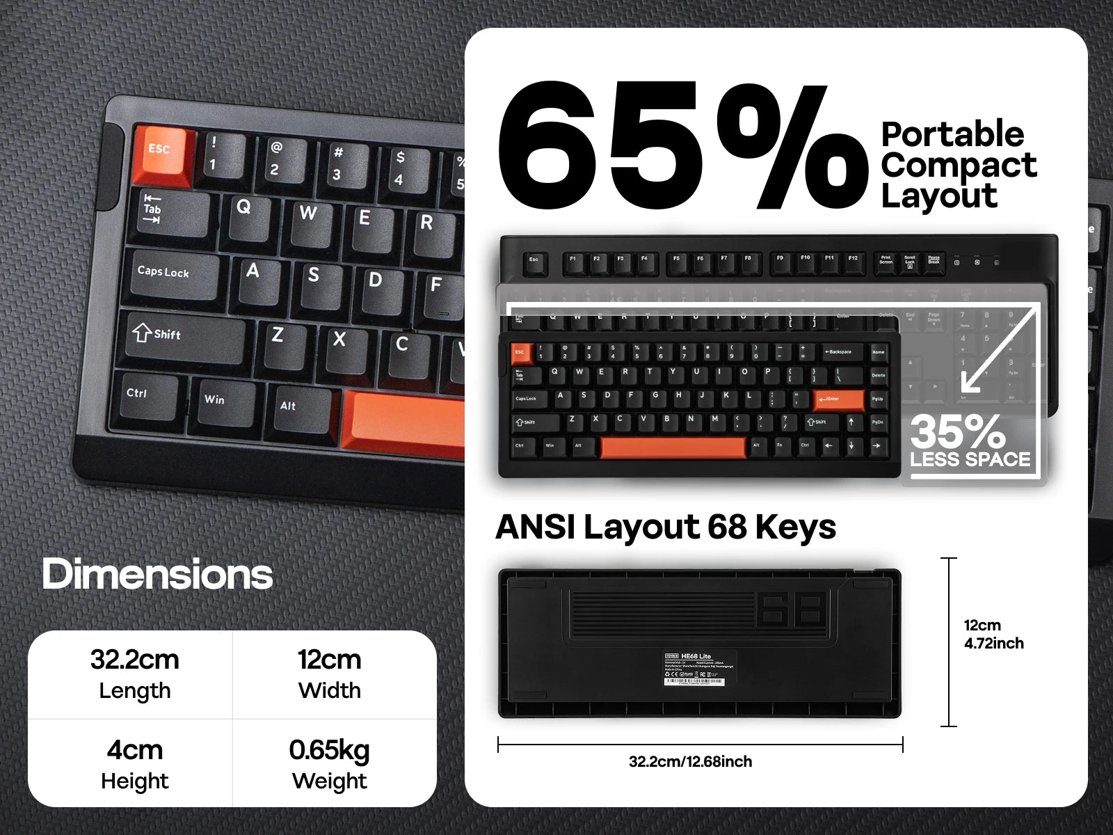 EPOMAKER HE68 Lite Mechanical Keyboard – 65% ANSI US Layout, Tray-Mounted, Wired Hall Effect Magnetic Switch, DKS SOCD, RGB Backlight