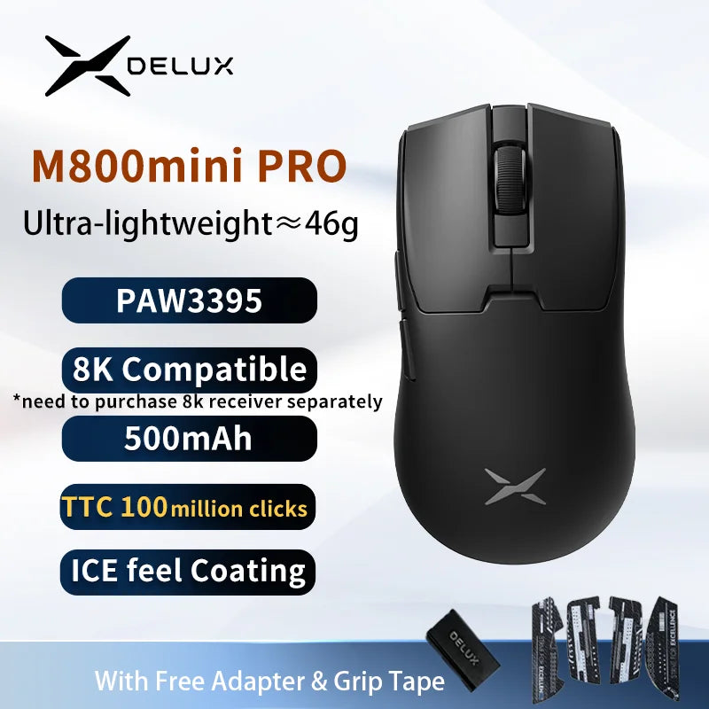 Delux M800 Mini Wireless Gaming Mouse – 46g Ultralight, 2.4G Wireless, RGB, Honeycomb Design, PAW3395/PAW3311, 1KHz Polling, for Small–Medium Hands