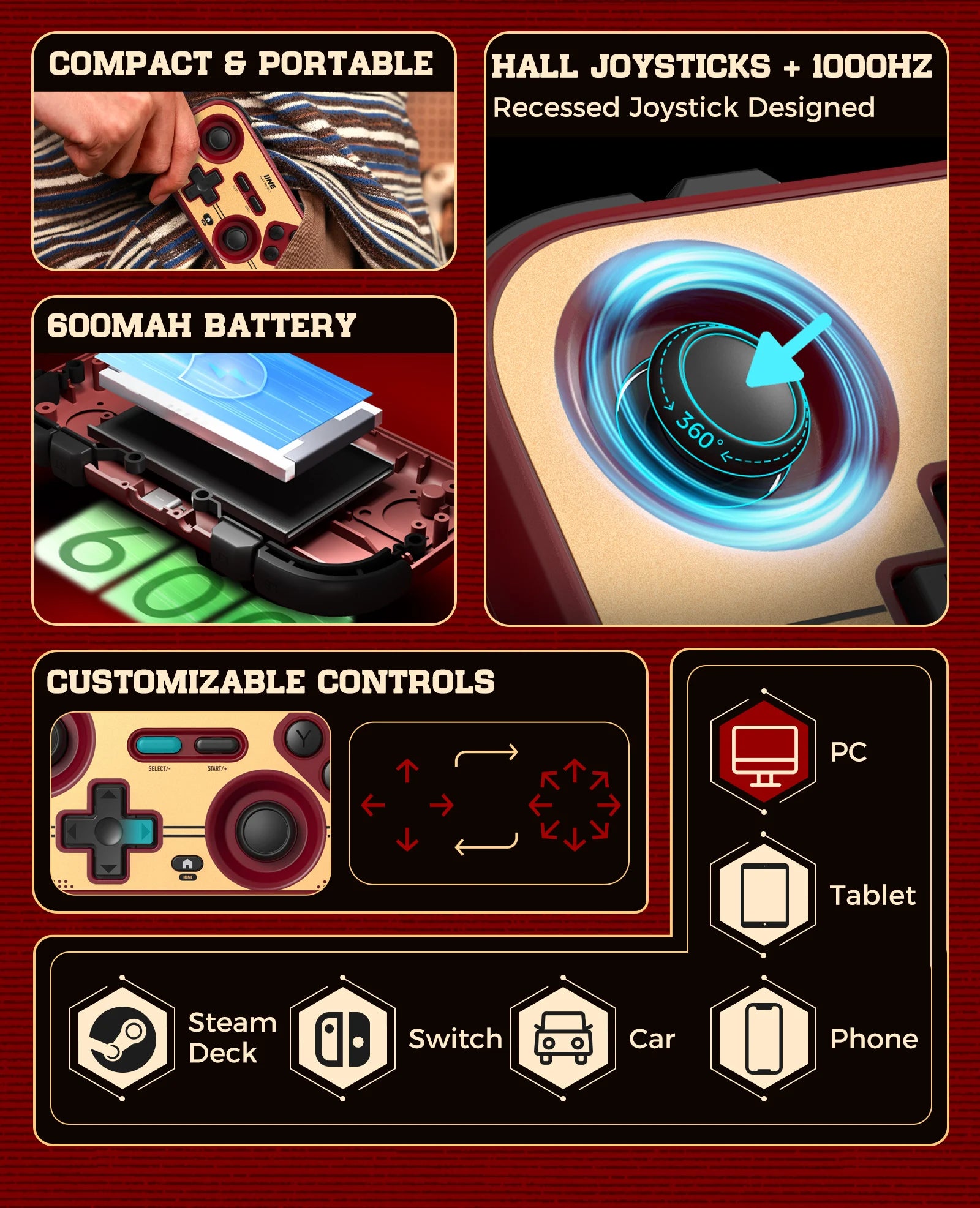 INE Retro Red Pocket Controller - Hall Effect Joysticks, 1000Hz Polling Rate, 6-Axis Gyro, Portable for Switch/PC/Mobile