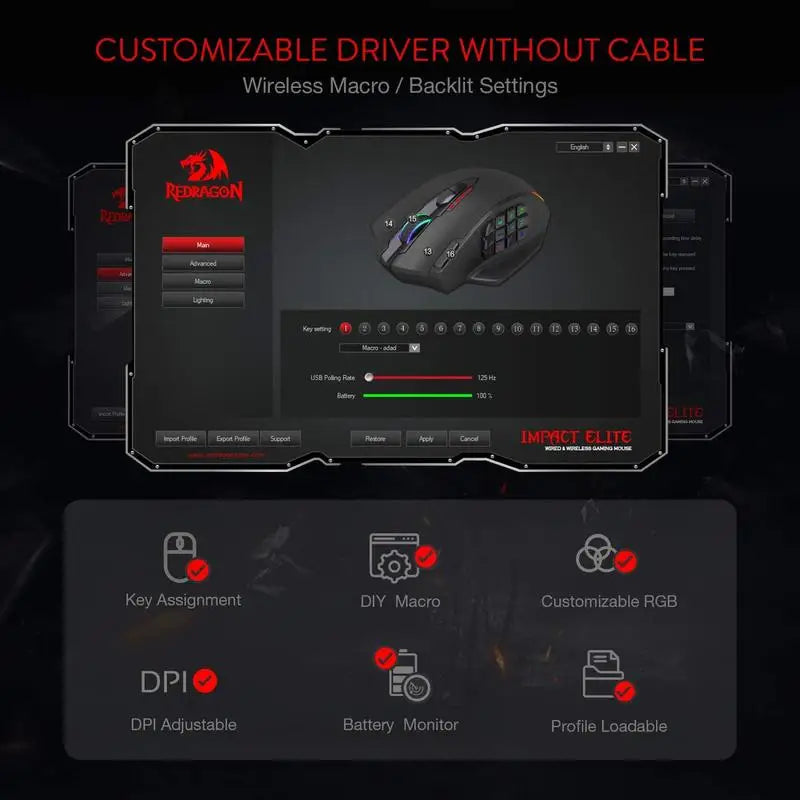 Redragon M913 Gaming Mouse – 16,000 DPI RGB Optical Gamer Mouse, Wired & 2.4GHz Wireless, 16 Programmable Buttons, Black/White