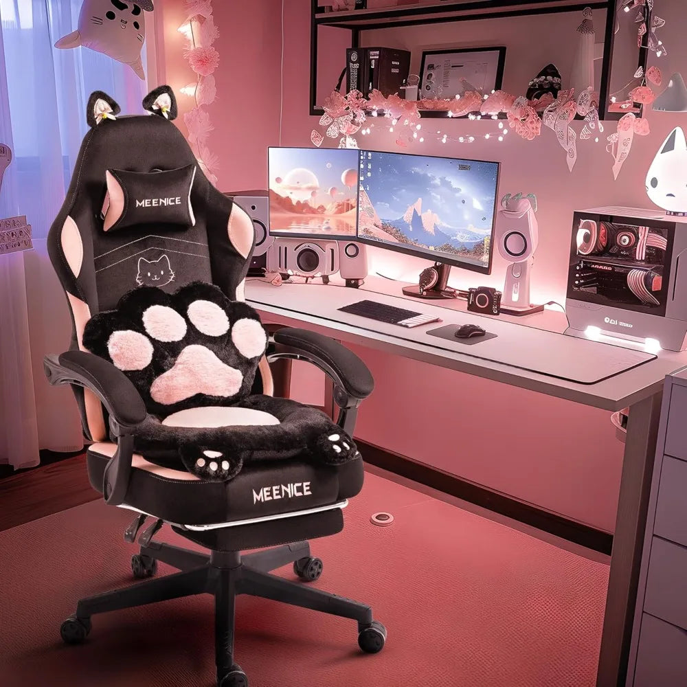 Pink Gaming Chair, Cute Cat Ear Claw Waist Pad, Ergonomic Computer Chair with Footrest, Reclining Computer Gaming Chair