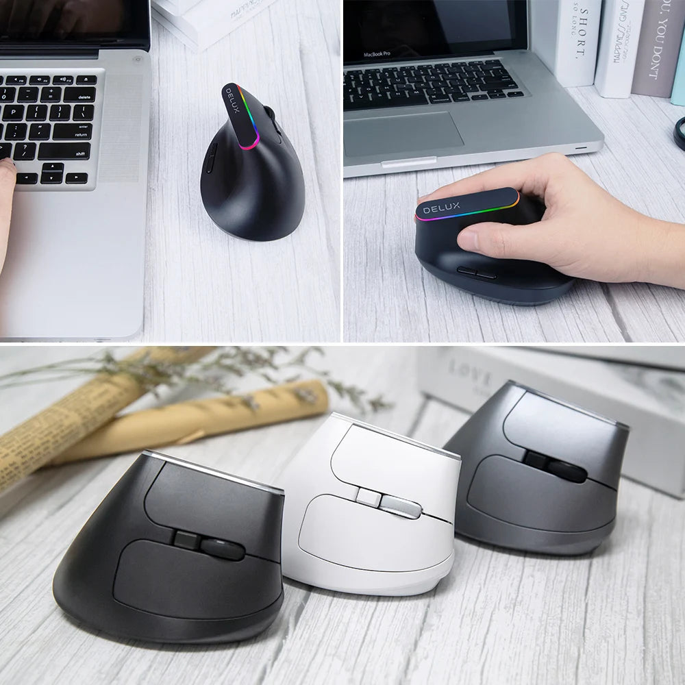 Delux Ergonomic Vertical Wireless Mouse – Rechargeable, RGB, Bluetooth & 2.4G, 4,000 DPI, Silent Clicks, for Laptop & PC
