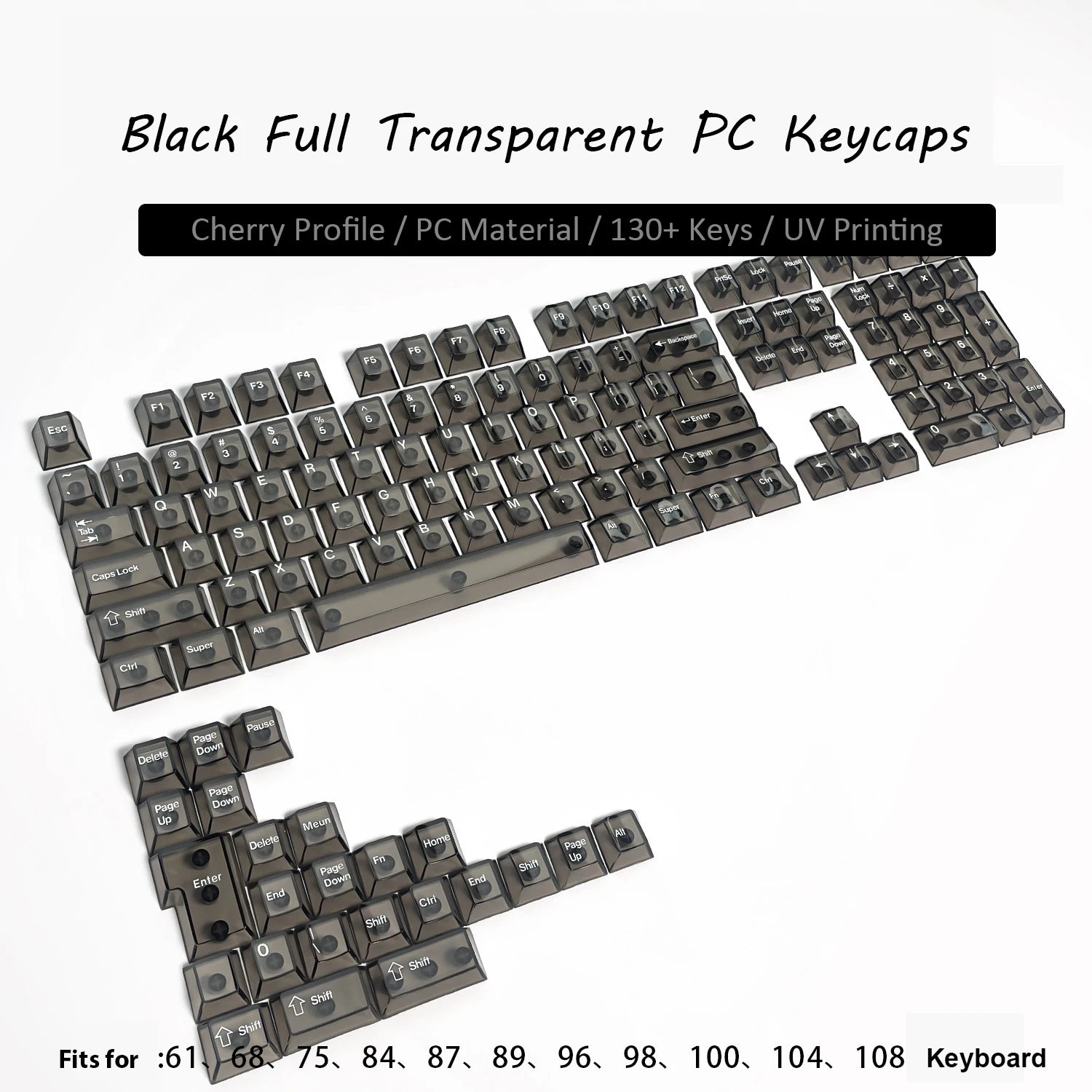 132 Keys Korean Layout Keycaps – Cherry Profile, White Transparent PC Keycaps, UV Printing Crystal Keycaps for MX Switches Gaming Keyboard