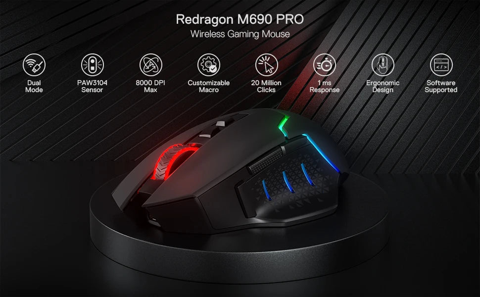 Redragon M690 PRO Wireless Gaming Mouse – 8,000 DPI, Wired Option, 8 Macro Buttons with Rapid Fire Key, PC/Mac/Laptop, Black/White