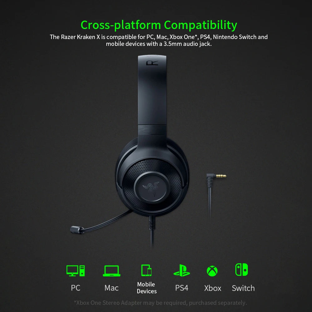 Razer Kraken X Essential Gaming Headset – 7.1 Surround Sound, Cardioid Mic, 40mm Drivers