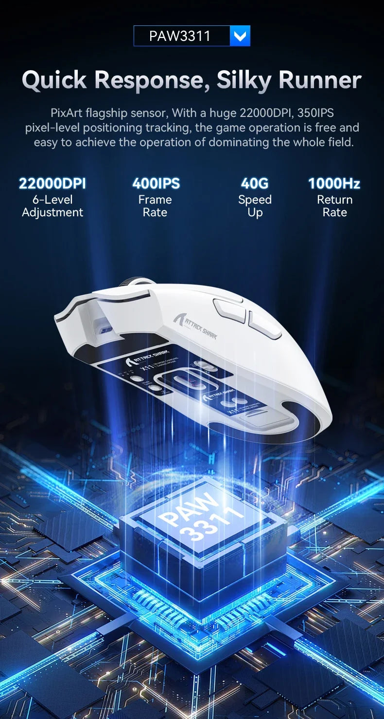 ATTACK SHARK X11 Wireless Gaming Mouse – PAW3311 Sensor, Bluetooth & 2.4G, 400 IPS, RGB, for PC