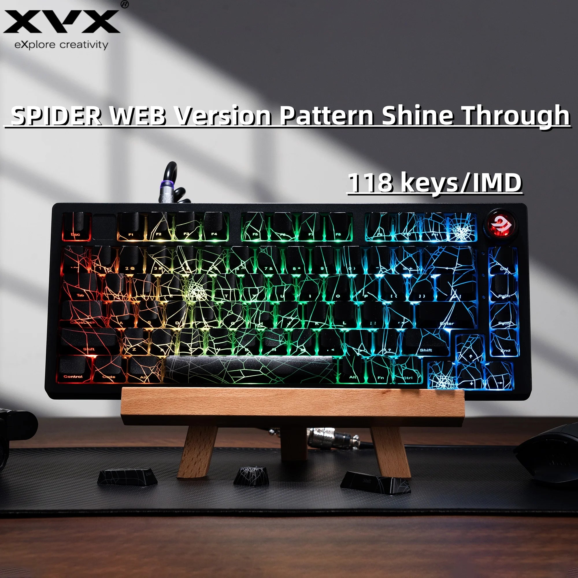 XVX Spider Web Keycaps – OEM Profile, Shine-Through IMD-Tech Keycap Set, 118 Keys, Black Backlight (Keycaps Only)