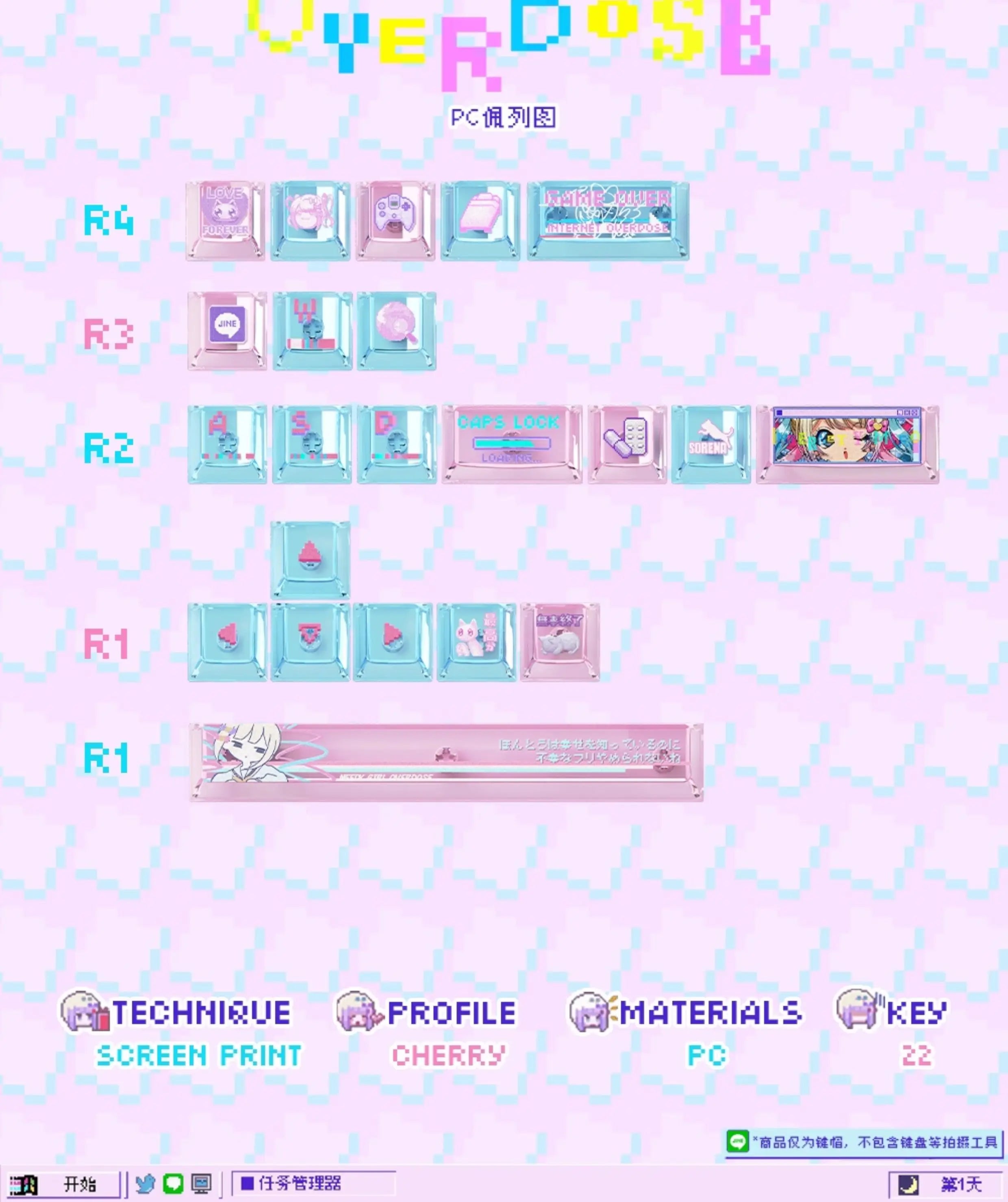 Anime NEEDY Girl Overdose Keycaps – Cute PBT + PC Translucent, Cherry Profile, Custom Keycaps for Mechanical Keyboard Gaming Gifts