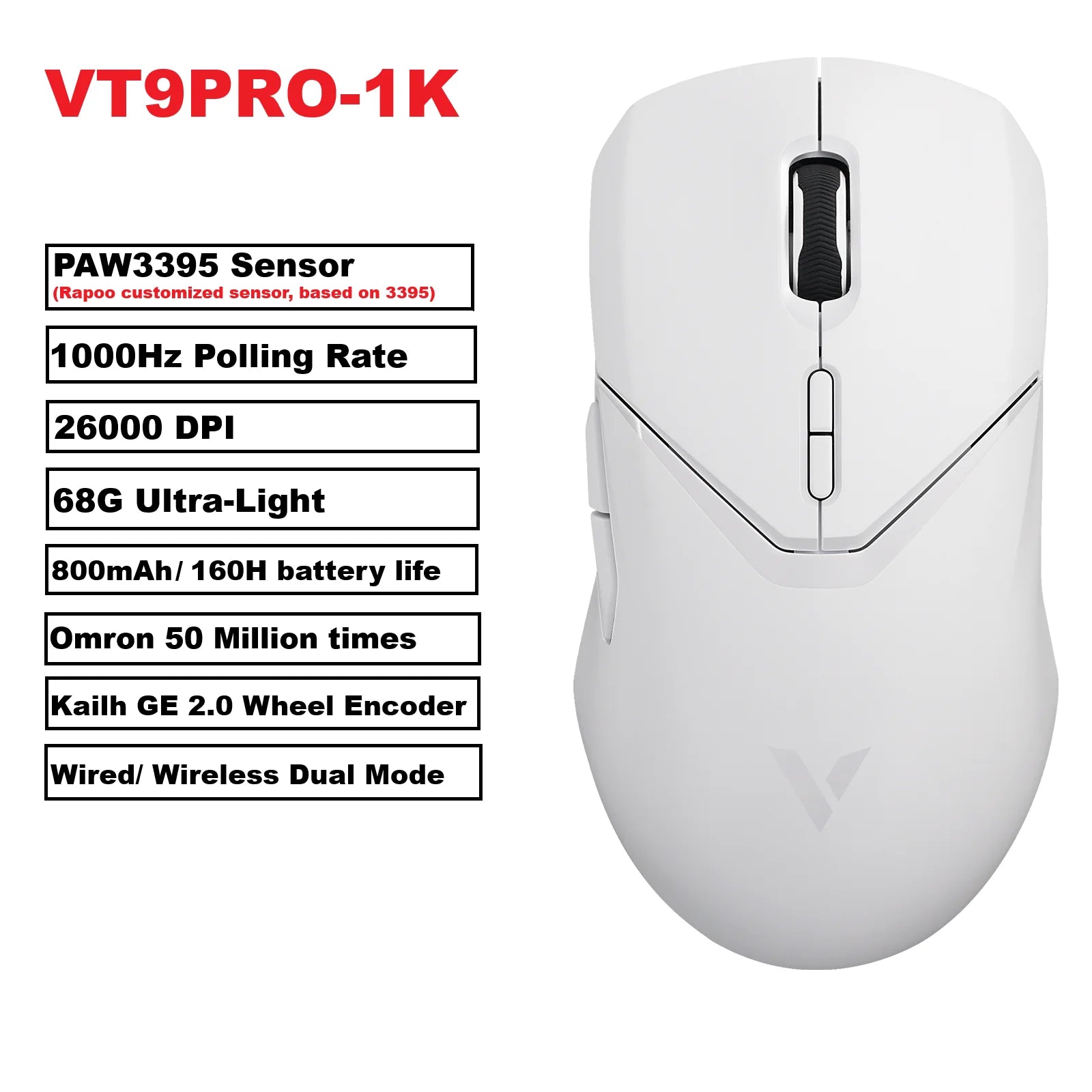 Rapoo VT9 PRO Wireless Gaming Mouse – PAW3398 Sensor, 26,000 DPI, 68g Lightweight, Wired & Wireless, 160H Long Battery Life