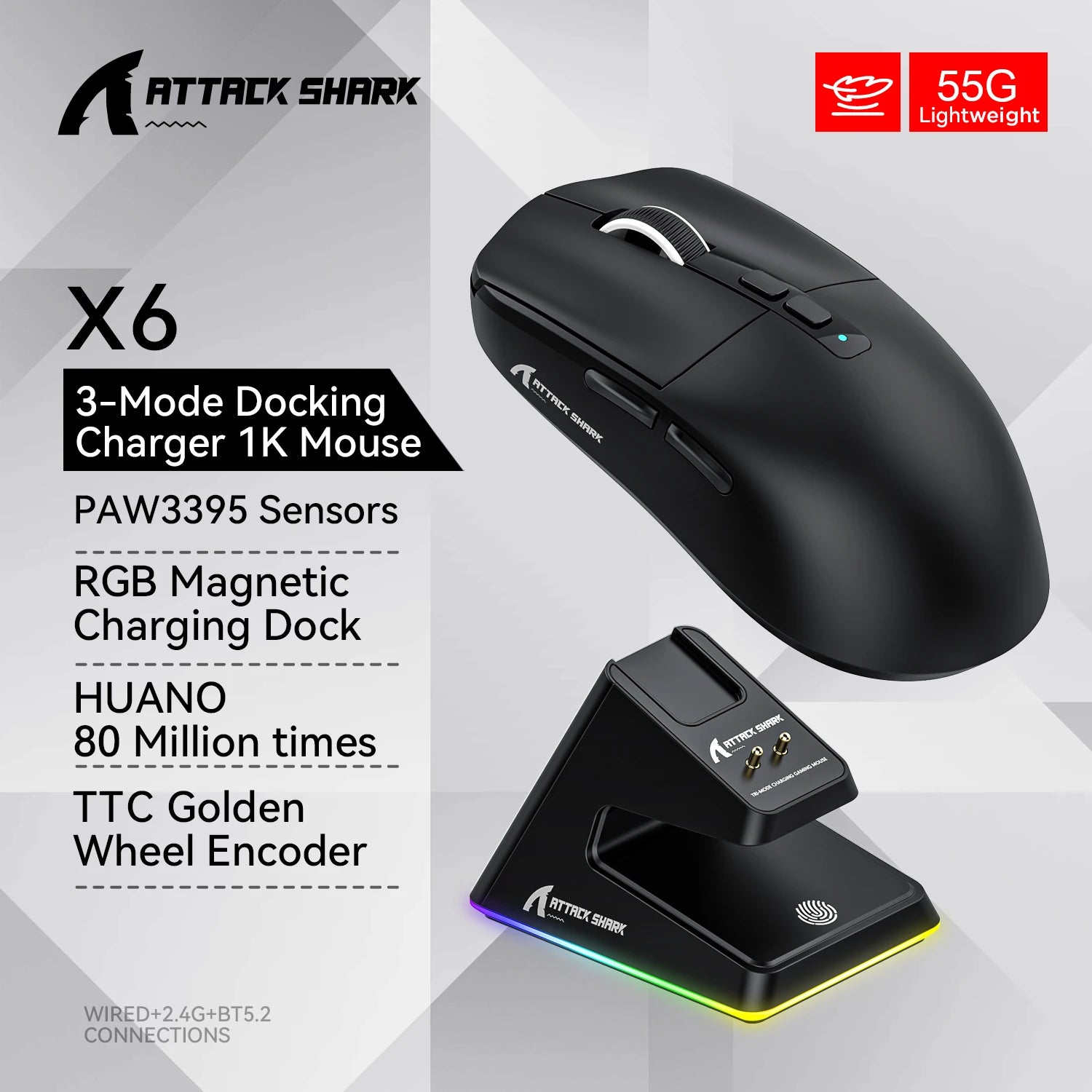 Attack Shark X6 Lightweight Gaming Mouse – Up to 26K DPI, RGB Backlight, Wireless 3-Mode Connection, Charging Base, for Laptop & Desktop