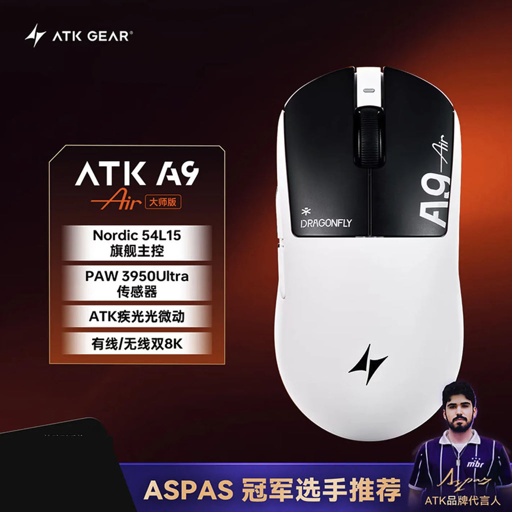 ATK A9 Air Ultimate Dual-Mode Wireless Gaming Mouse – PAW3950 Ultra Sensor, Dual 8K Polling, Lightweight Esports FPS Mouse, for PC Gamers