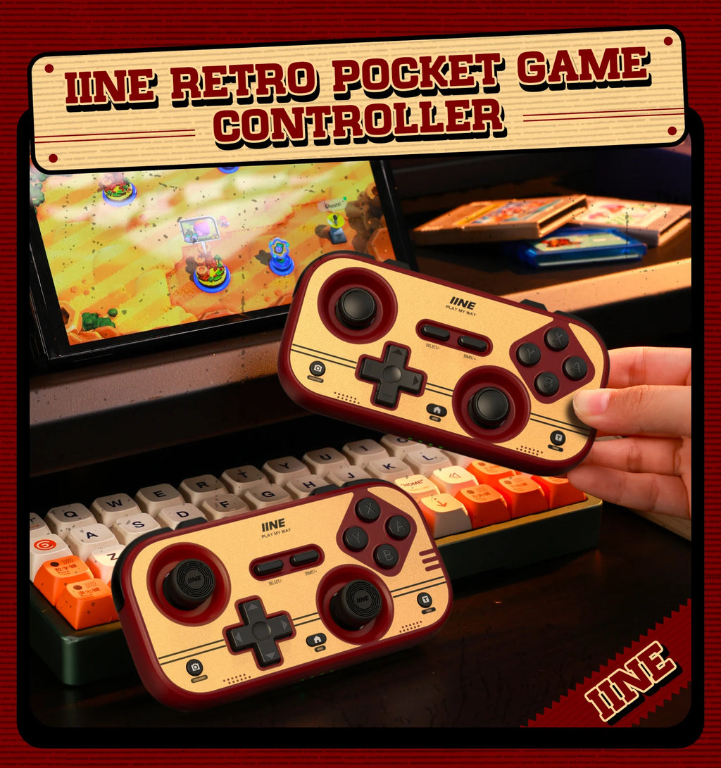 INE Retro Red Pocket Controller - Hall Effect Joysticks, 1000Hz Polling Rate, 6-Axis Gyro, Portable for Switch/PC/Mobile