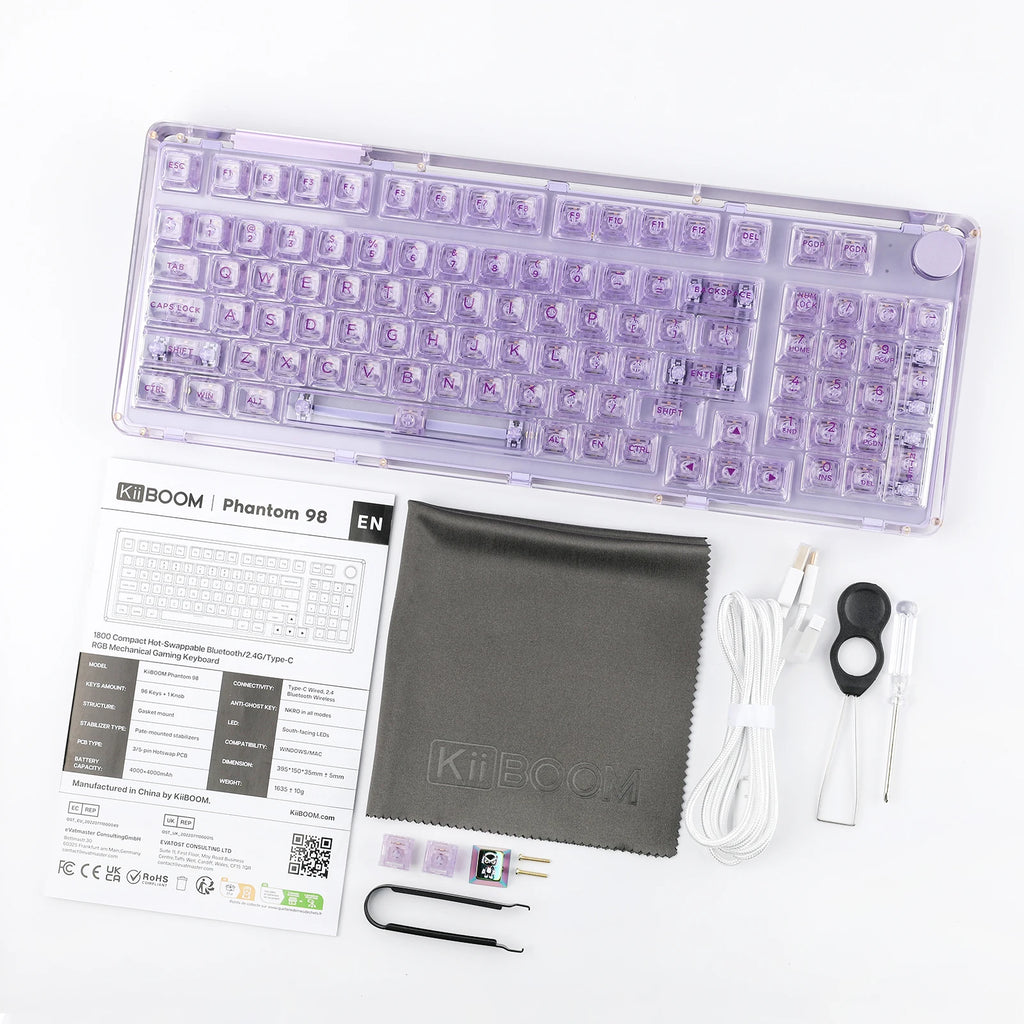 KiiBOOM Phantom 98 Mechanical Keyboard – 98 Keys, Hot-Swappable, Wired / Bluetooth 5.0 / 2.4GHz Wireless, Acrylic Case, Gasket Mount