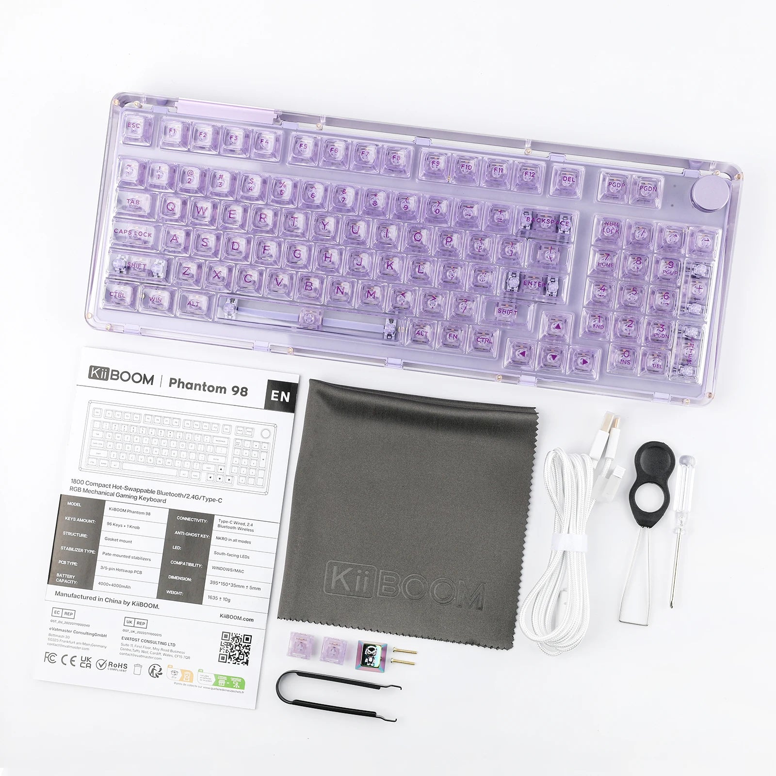 KiiBOOM Phantom 98 Mechanical Keyboard – 98 Keys, Hot-Swappable, Wired / Bluetooth 5.0 / 2.4GHz Wireless, Acrylic Case, Gasket Mount